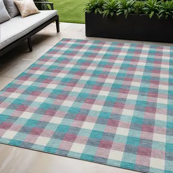 5' X 8' Teal Blue Purple And Beige Plaid Washable Indoor Outdoor Area Rug