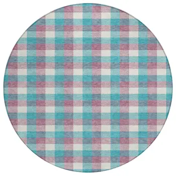 8' Teal Blue Purple And Beige Round Plaid Washable Indoor Outdoor Area Rug