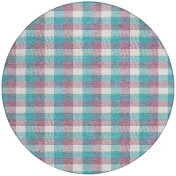 8' Teal Blue Purple And Beige Round Plaid Washable Indoor Outdoor Area Rug