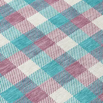 8' Teal Blue Purple And Beige Round Plaid Washable Indoor Outdoor Area Rug