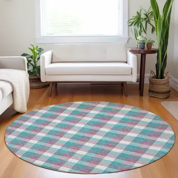 8' Teal Blue Purple And Beige Round Plaid Washable Indoor Outdoor Area Rug