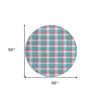8' Teal Blue Purple And Beige Round Plaid Washable Indoor Outdoor Area Rug
