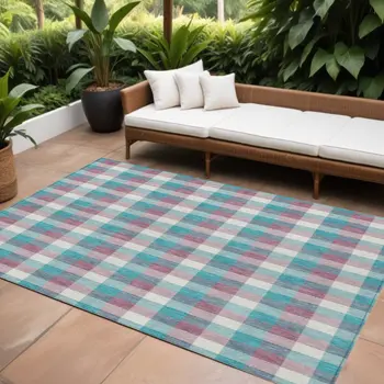 8' X 10' Teal Blue Purple And Beige Plaid Washable Indoor Outdoor Area Rug