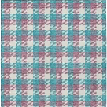 10' X 14' Teal Blue Purple And Beige Plaid Washable Indoor Outdoor Area Rug