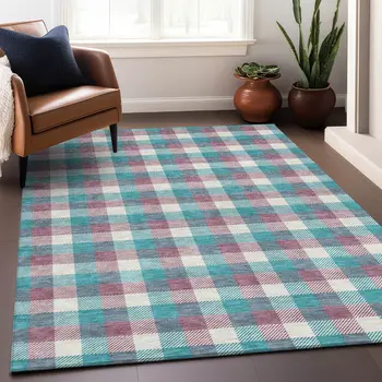 10' X 14' Teal Blue Purple And Beige Plaid Washable Indoor Outdoor Area Rug