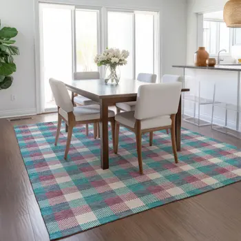 10' X 14' Teal Blue Purple And Beige Plaid Washable Indoor Outdoor Area Rug