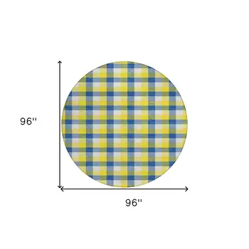 8' Yellow Blue And Beige Round Plaid Washable Indoor Outdoor Area Rug