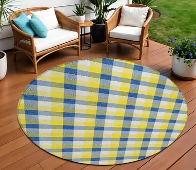 8' Yellow Blue And Beige Round Plaid Washable Indoor Outdoor Area Rug