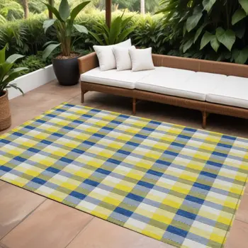 8' X 10' Yellow Blue And Beige Plaid Washable Indoor Outdoor Area Rug
