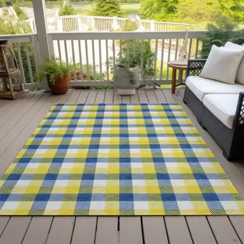9' X 12' Yellow Blue And Beige Plaid Washable Indoor Outdoor Area Rug