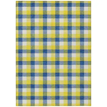 9' X 12' Yellow Blue And Beige Plaid Washable Indoor Outdoor Area Rug