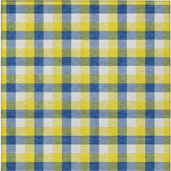 10' X 14' Yellow Blue And Beige Plaid Washable Indoor Outdoor Area Rug