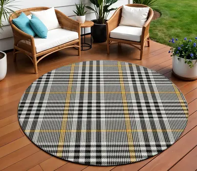 8' Black Gold And Ivory Round Plaid Washable Indoor Outdoor Area Rug