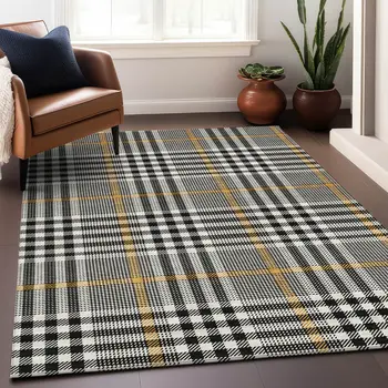 9' X 12' Black Gold And Ivory Plaid Washable Indoor Outdoor Area Rug