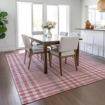 5' X 8' Blush Gray And Ivory Plaid Washable Indoor Outdoor Area Rug
