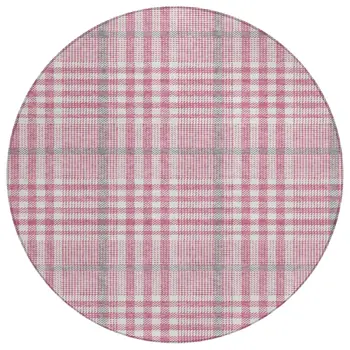 8' Blush Gray And Ivory Round Plaid Washable Indoor Outdoor Area Rug