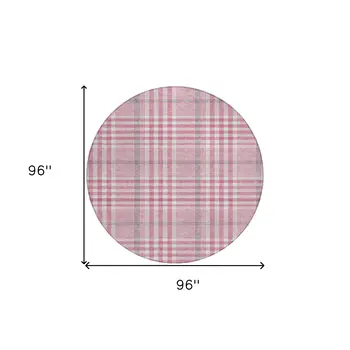 8' Blush Gray And Ivory Round Plaid Washable Indoor Outdoor Area Rug