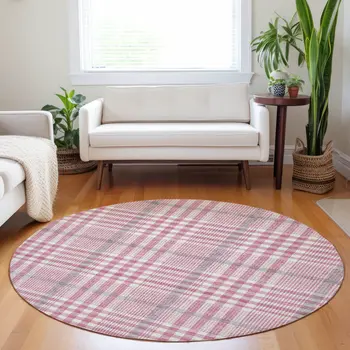 8' Blush Gray And Ivory Round Plaid Washable Indoor Outdoor Area Rug