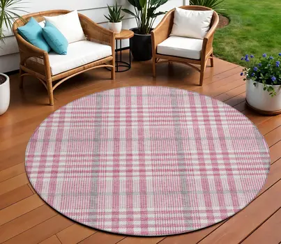 8' Blush Gray And Ivory Round Plaid Washable Indoor Outdoor Area Rug