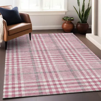 9' X 12' Blush Gray And Ivory Plaid Washable Indoor Outdoor Area Rug