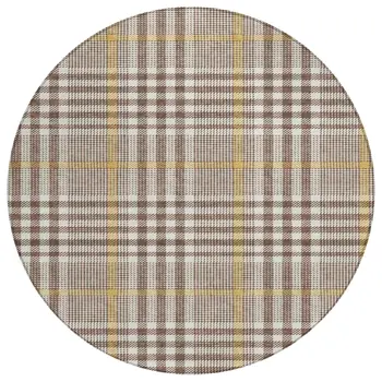 8' Brown And Beige Round Plaid Washable Indoor Outdoor Area Rug