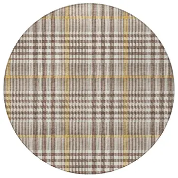 8' Brown And Beige Round Plaid Washable Indoor Outdoor Area Rug