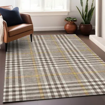 8' X 10' Brown And Beige Plaid Washable Indoor Outdoor Area Rug