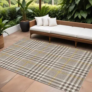 10' X 14' Brown And Beige Plaid Washable Indoor Outdoor Area Rug