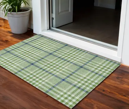 3' X 5' Green And Ivory Plaid Washable Indoor Outdoor Area Rug