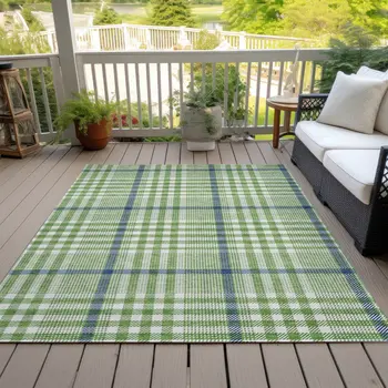 5' X 8' Green And Ivory Plaid Washable Indoor Outdoor Area Rug