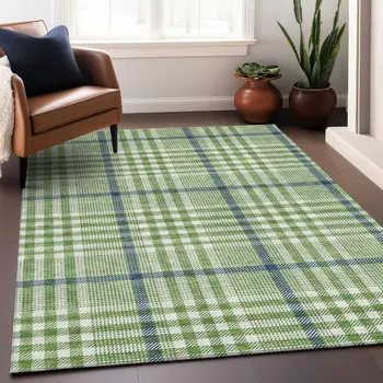 5' X 8' Green And Ivory Plaid Washable Indoor Outdoor Area Rug