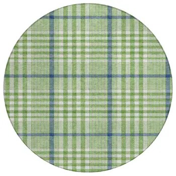 8' Green And Ivory Round Plaid Washable Indoor Outdoor Area Rug