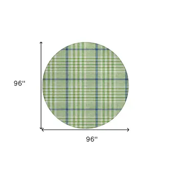 8' Green And Ivory Round Plaid Washable Indoor Outdoor Area Rug