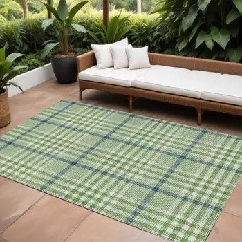 10' X 14' Green And Ivory Plaid Washable Indoor Outdoor Area Rug