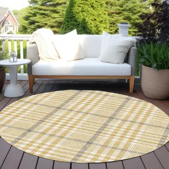 8' Gold Gray And Beige Round Plaid Washable Indoor Outdoor Area Rug