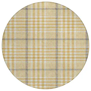 8' Gold Gray And Beige Round Plaid Washable Indoor Outdoor Area Rug