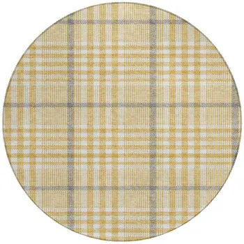 8' Gold Gray And Beige Round Plaid Washable Indoor Outdoor Area Rug