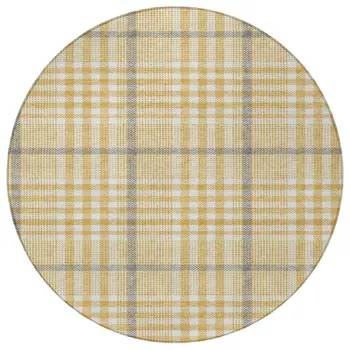 8' Gold Gray And Beige Round Plaid Washable Indoor Outdoor Area Rug