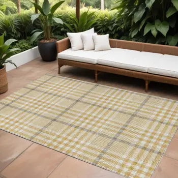 8' X 10' Gold Gray And Beige Plaid Washable Indoor Outdoor Area Rug