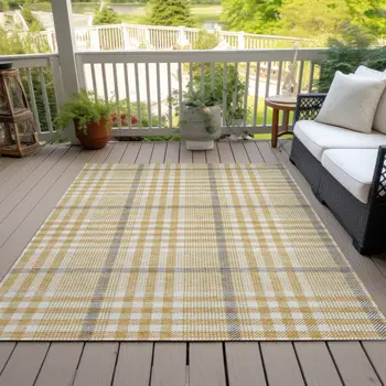 10' X 14' Gold Gray And Beige Plaid Washable Indoor Outdoor Area Rug
