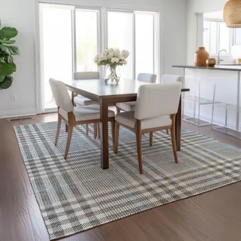 3' X 5' Gray Blue And Beige Plaid Washable Indoor Outdoor Area Rug