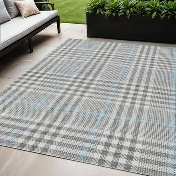 5' X 8' Gray Blue And Beige Plaid Washable Indoor Outdoor Area Rug
