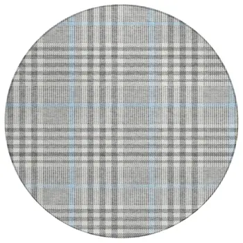 8' Gray Blue And Beige Round Plaid Washable Indoor Outdoor Area Rug