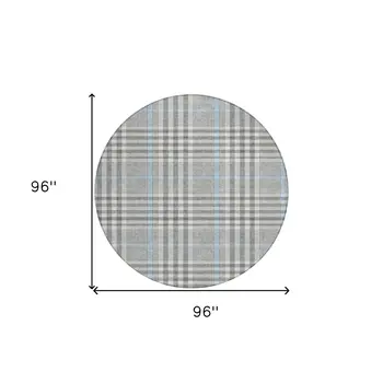 8' Gray Blue And Beige Round Plaid Washable Indoor Outdoor Area Rug