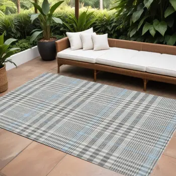 9' X 12' Gray Blue And Beige Plaid Washable Indoor Outdoor Area Rug