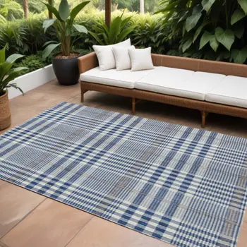 10' X 14' Navy Blue Ivory And Brown Plaid Washable Indoor Outdoor Area Rug