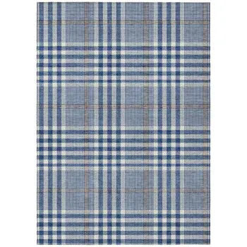 10' X 14' Navy Blue Ivory And Brown Plaid Washable Indoor Outdoor Area Rug