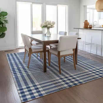 10' X 14' Navy Blue Ivory And Brown Plaid Washable Indoor Outdoor Area Rug