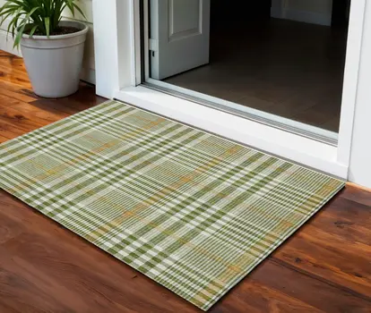 3' X 5' Olive Green Brown And Ivory Plaid Washable Indoor Outdoor Area Rug
