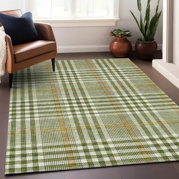 10' X 14' Olive Green Brown And Ivory Plaid Washable Indoor Outdoor Area Rug